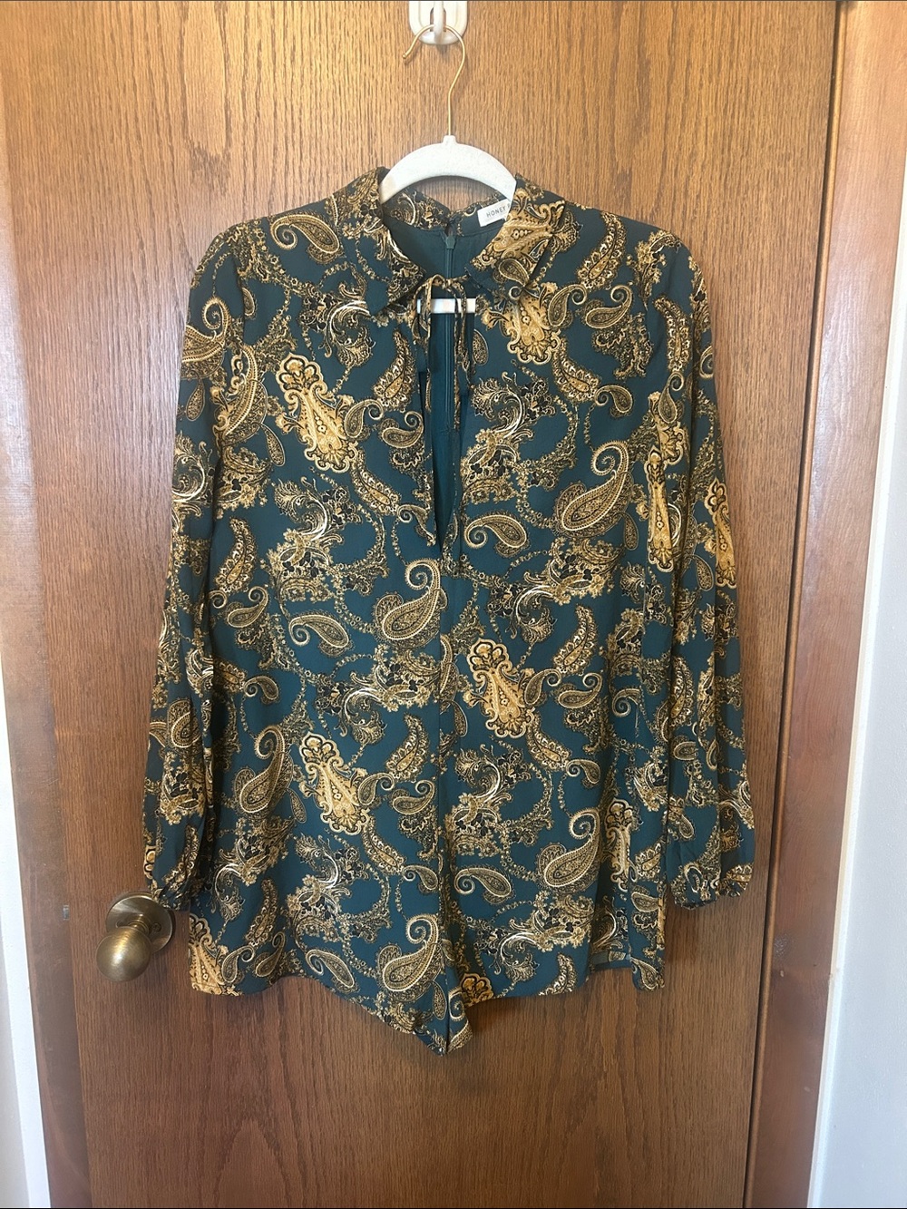 Tie-Neck Paisley Romper in dark Teal and Gold